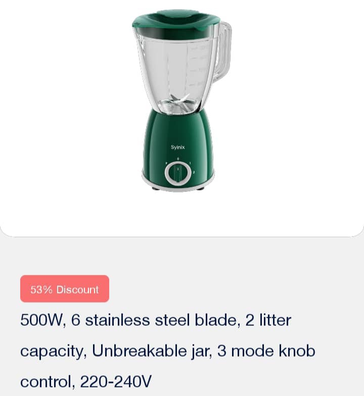 Syinix blender 500W 2 litres capacity 